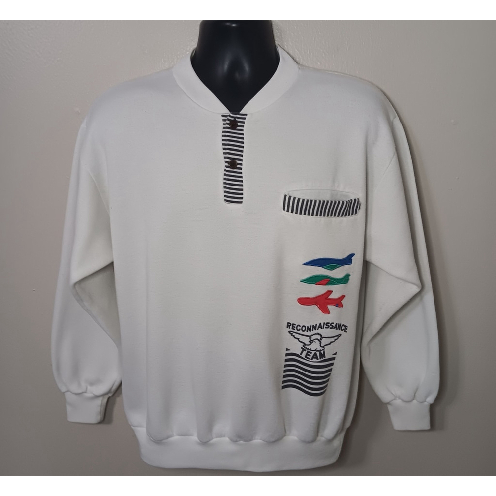 Vintage 80s Reconnaissance Team Adult Large Sweatshirt 1/2 Button White Long Sle